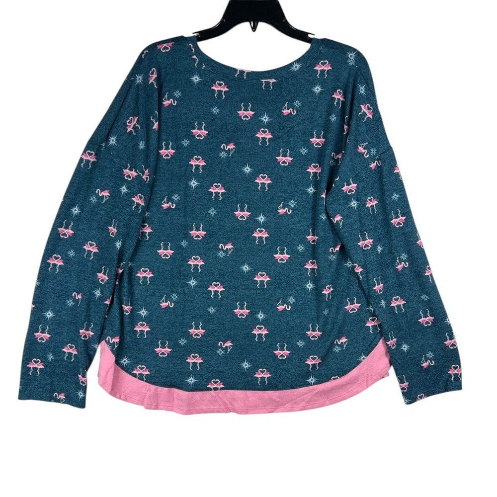 Ellen Tracy Flamingo Print Pajama Top Teal Pink Layered Hem Size Large NWT